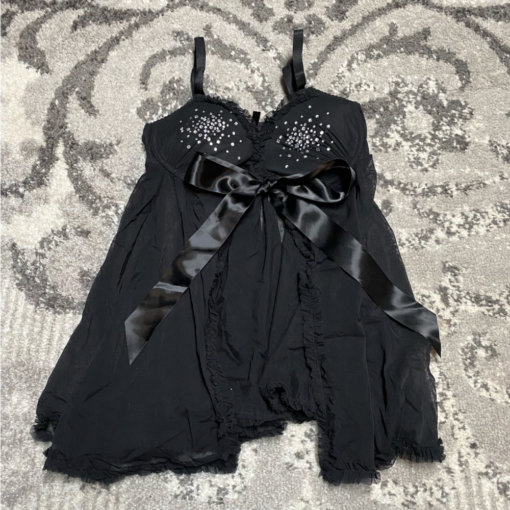 Vintage Victoria’s Secret Black Rhinestone Crystal Black Babydoll Teddy